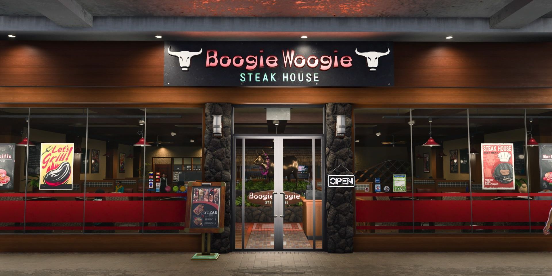 The storefront of Boogie Woogie Steak House in Infinite Wealth. It's a wood-paneled building with large windows, and a sign depicting two bull's heads.