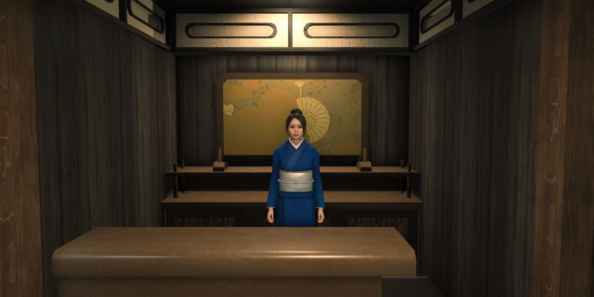 A waitress behind the counter of Kappo Katsumi, a fancy, wood-paneled restaurant in Infinite Wealth.