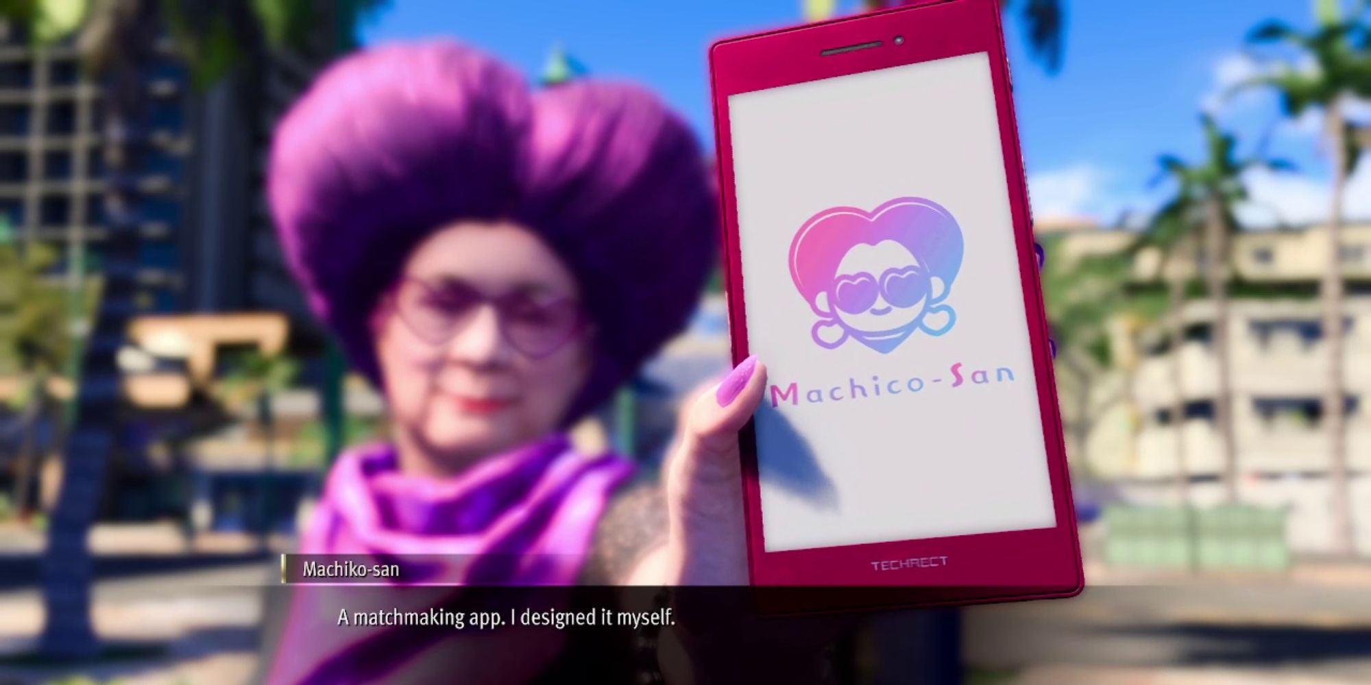 The purple-haired Machiko-san holds out a smartphone with the logo for Miss Match displayed on it in a screenshot from Like a Dragon: Infinite Wealth.