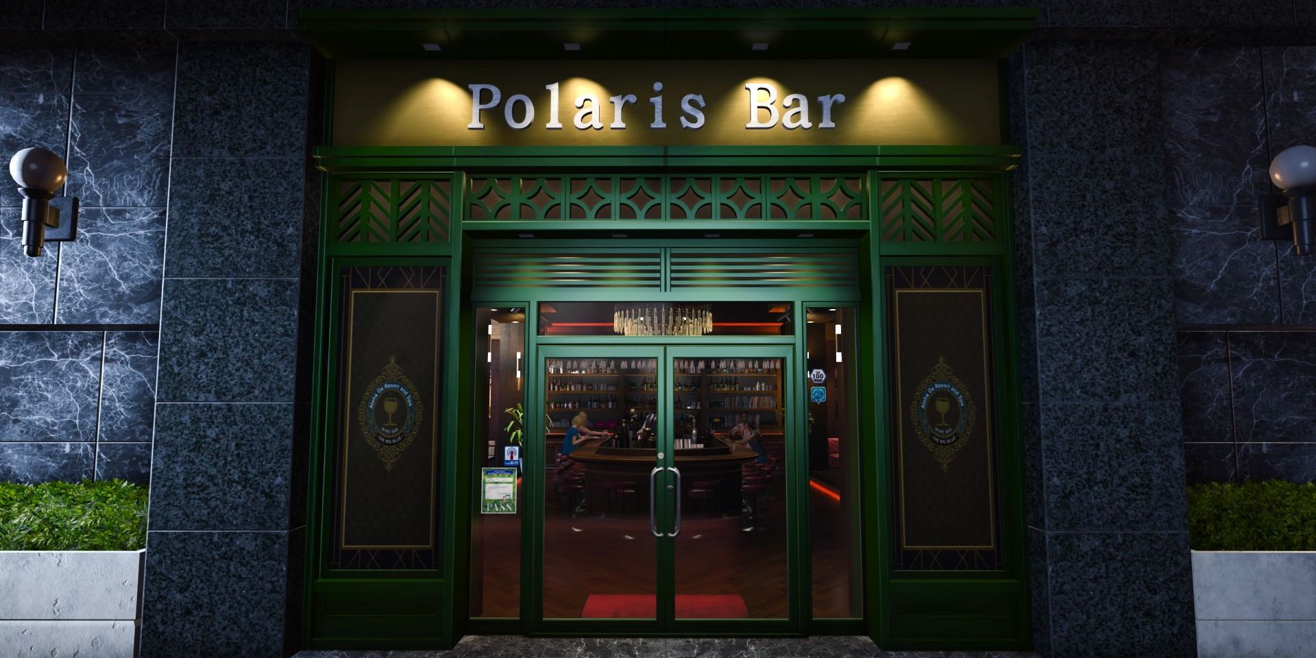 A screenshot of the exterior of Polaris Bar, as it appears in Like a Dragon: Infinite Wealth. It's a wood-paneled, fancy bar, with a metal sign lit by lanterns.