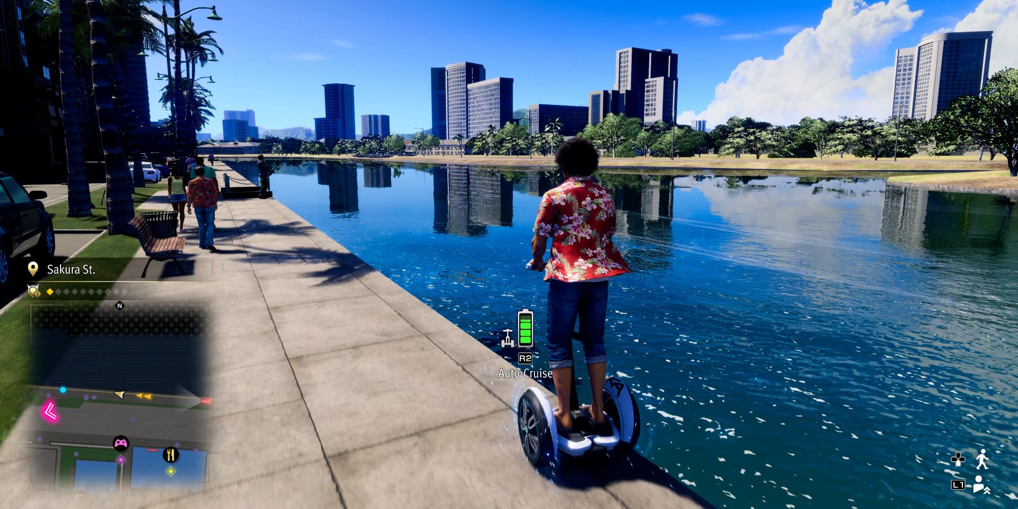 Ichiban races down a waterside street on a motorized scooter in a screenshot from Like a Dragon: Infinite Wealth.