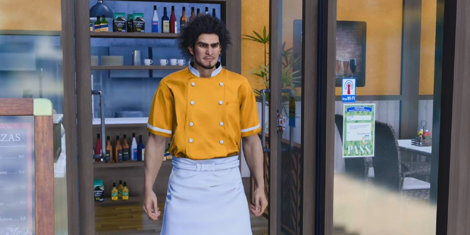 Ichiban looks bewildered in his yellow waiter's garb in a screenshot from Like a Dragon: Infinite Wealth.