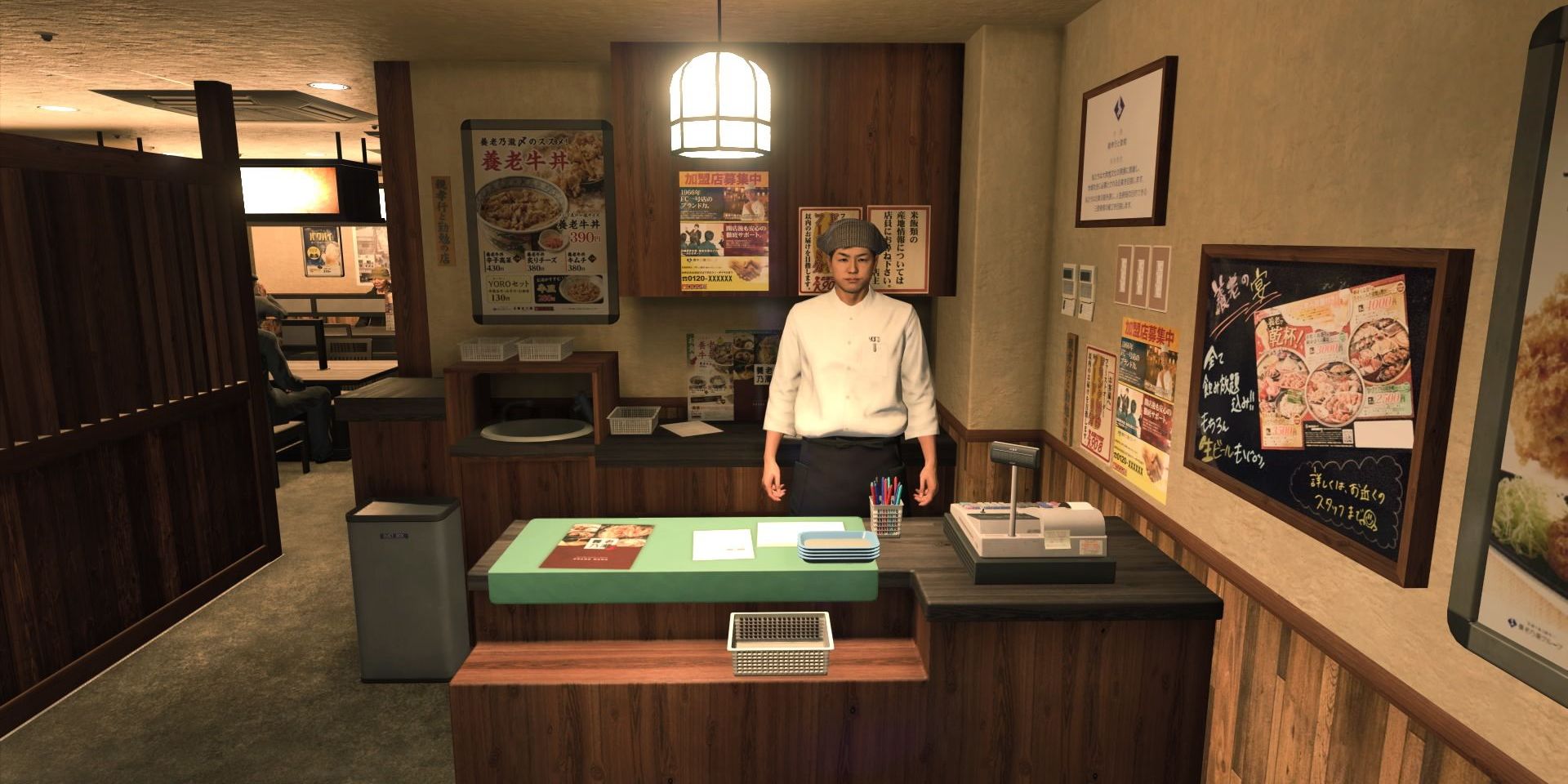 A waiter stands behind the counter at Yoronotaki, a casual Japanese restaurant, in a screenshot from Infinite Wealth.