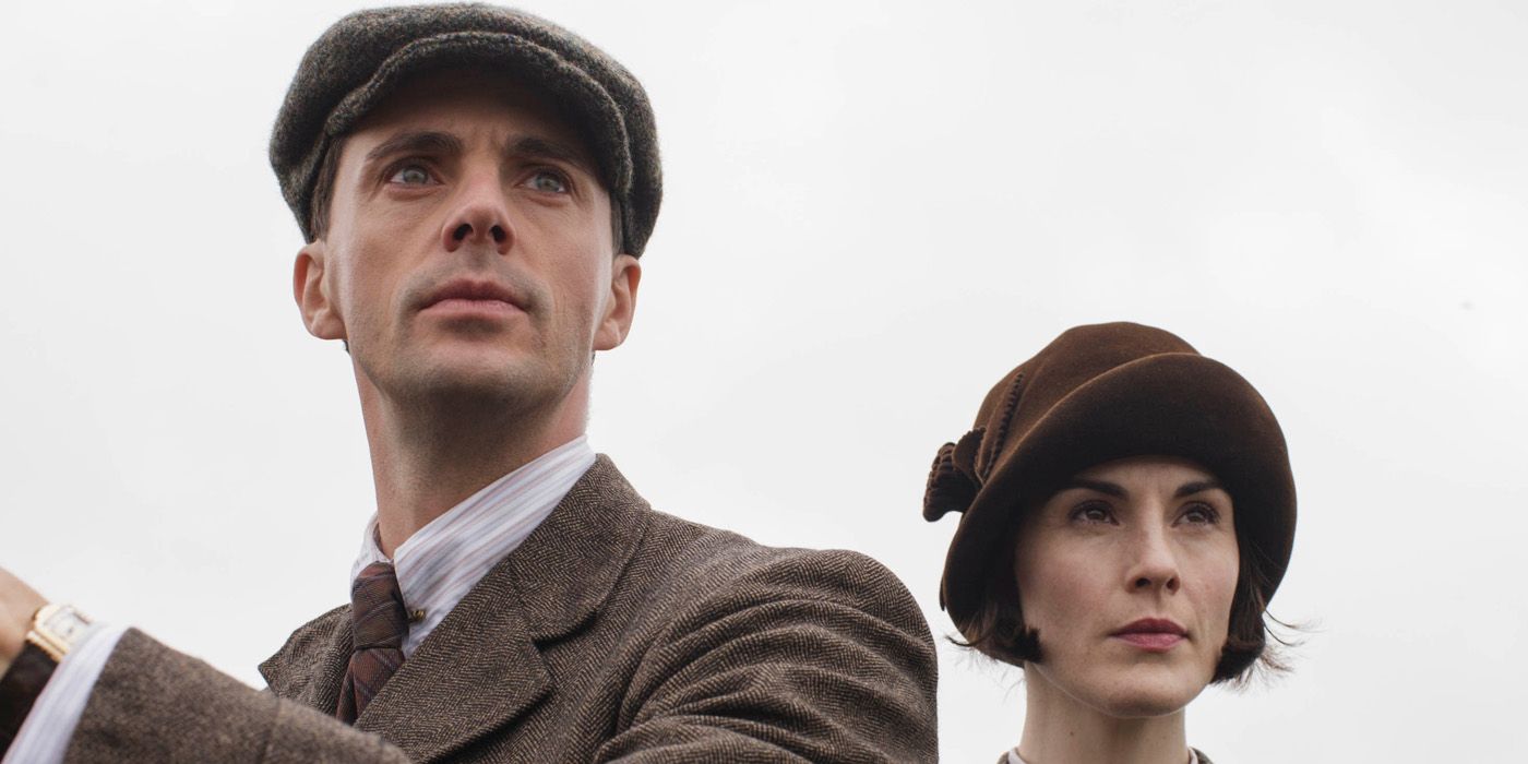 Lady Mary Crawley standing with Henry on Downton Abbey