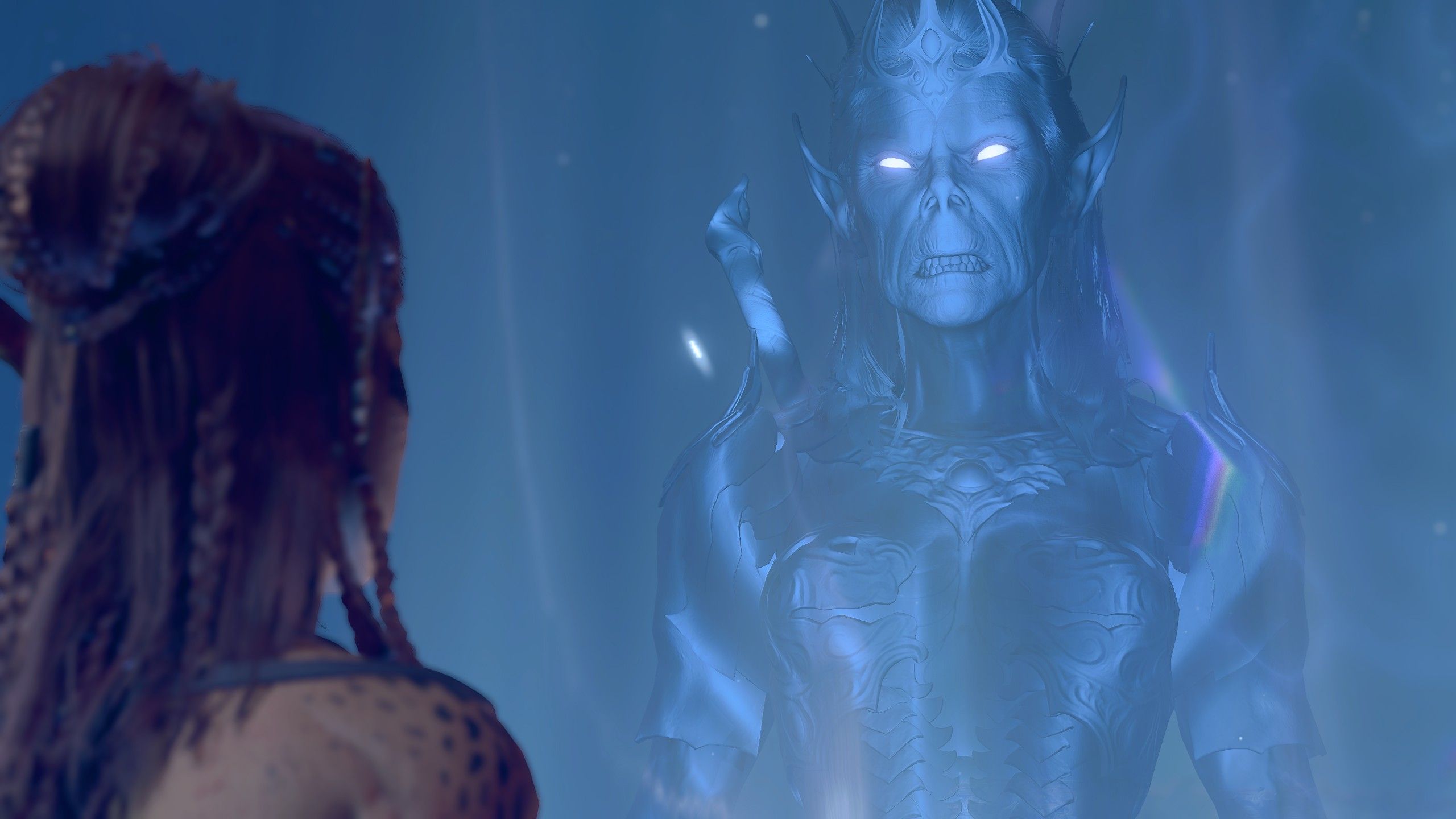 Lae'zel Gazes Up At Blue Projection Of Vlaakith In Baldur's Gate 3.