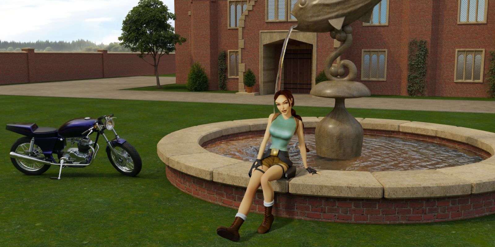 Lara Croft from Tomb Raider sitting on a fountain in front of her house