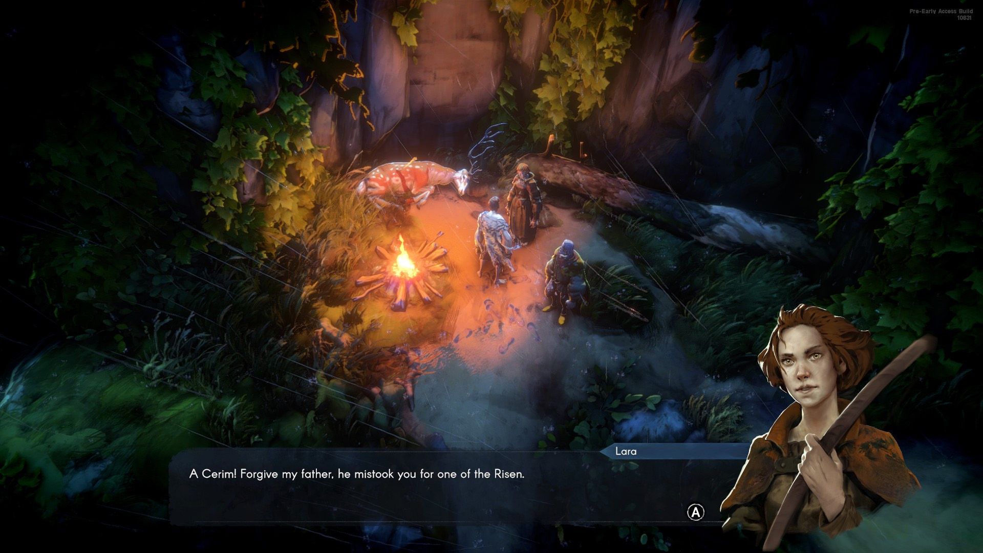 NPC Lara from No Rest For The Wicked speaking to the player character by a fire.