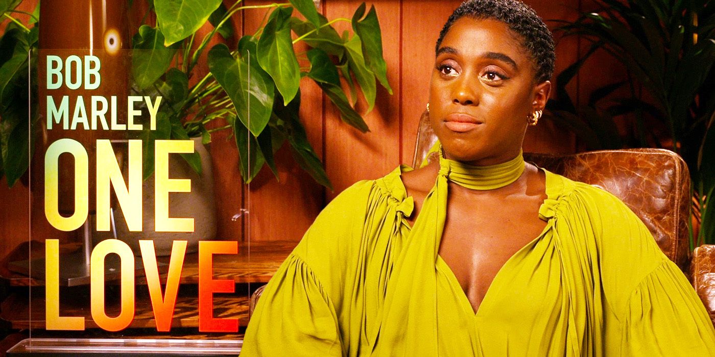 Edited image of Lashana Lynch during Bob Marley: One Love interview