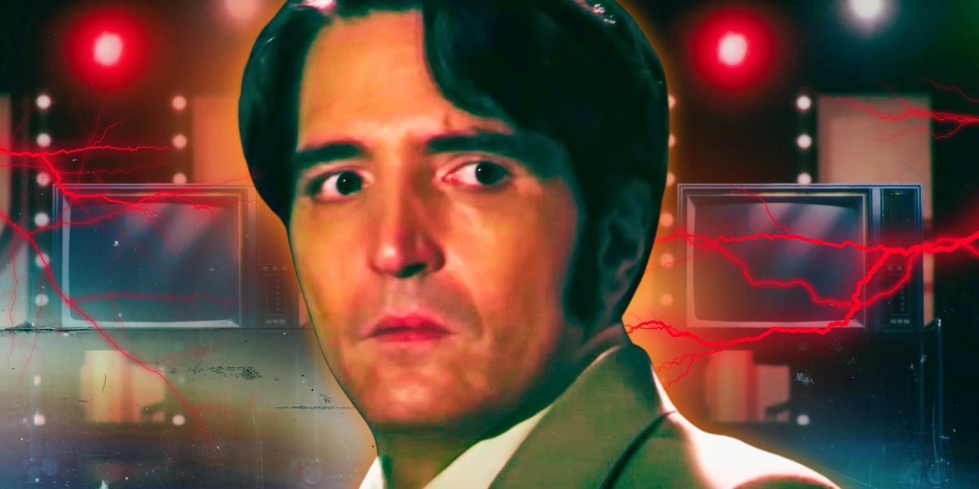 David Dastmalchian as Jack Delroy in front of TV screens from Late Night with the Devil movie