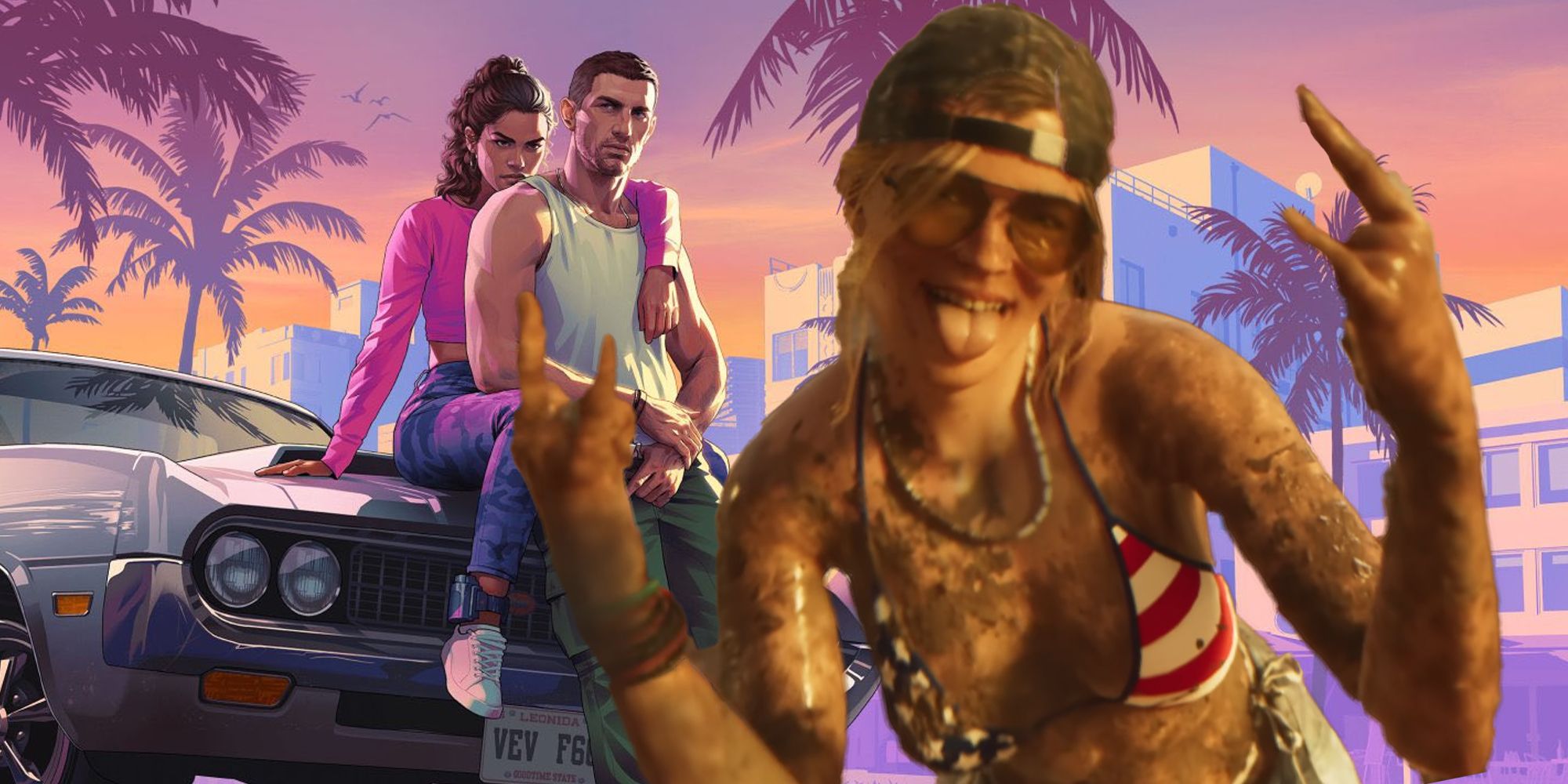 Lucia and her male counterpart with a funny character from the GTA 6 trailer celebrating. 