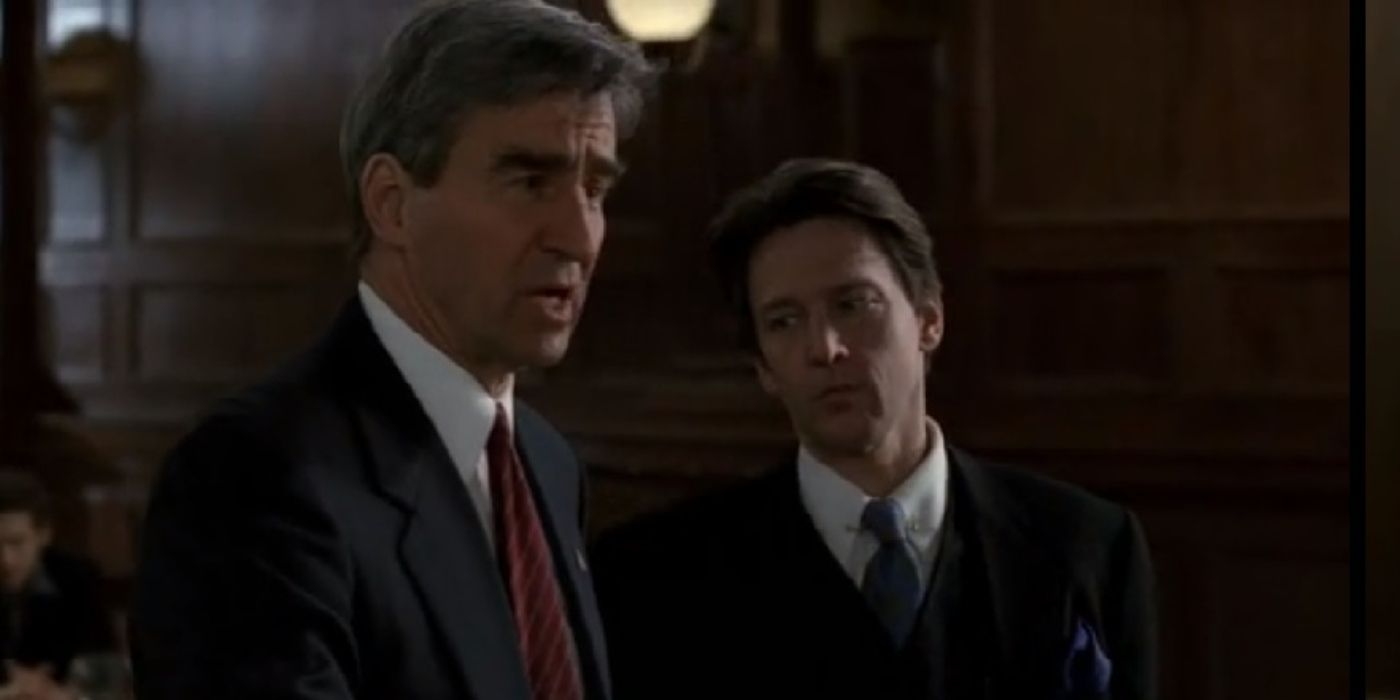 Sam Waterston as Jack McCoy and Andrew McCarthy as Finnerty in Law & Order episode 
