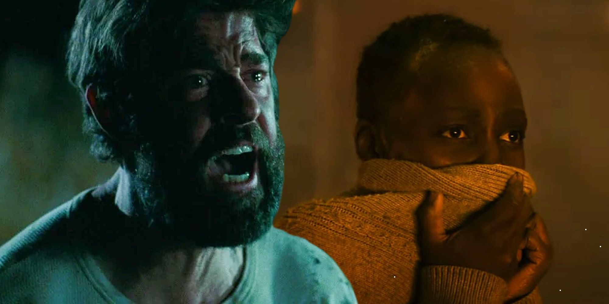 Lee Abbott screaming in A Quiet Place next to Lupita Nyong’o’s character covering her mouth in A Quiet Place: Day One