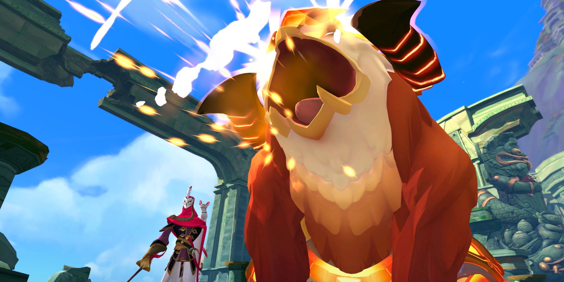 A captura de tela da Gigantic Rampage Edition mostra um herói com uma máscara de coruja e um companheiro rodante em seu ombro enquanto um Grifo gigante ruge próximo a eles.