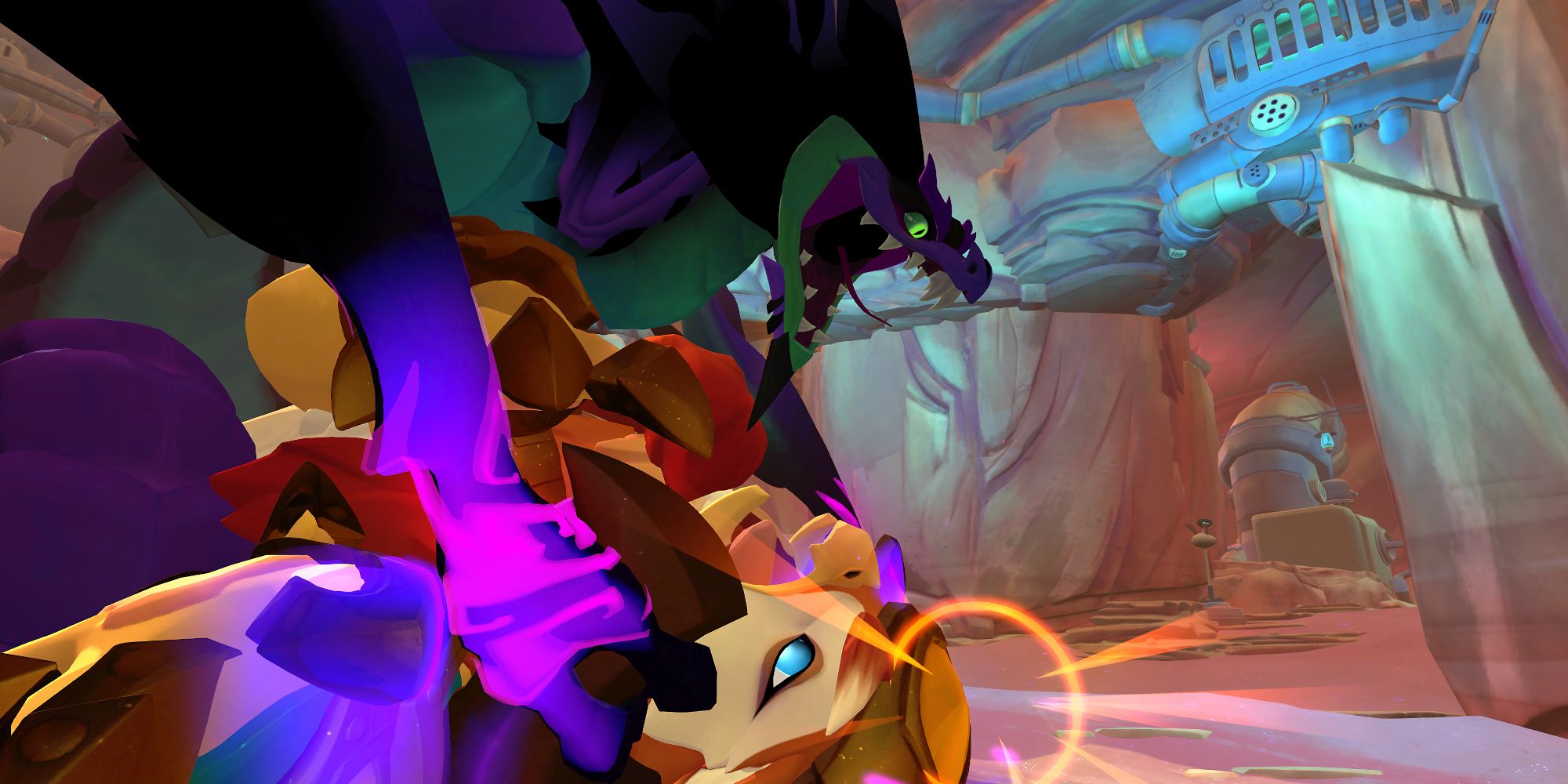 Captura de tela de Gigantic: Rampage Edition mostra os dois Guardains do jogo lutando com o grande lagarto escuro segurando o grifo angelical enquanto sua testa brilha.