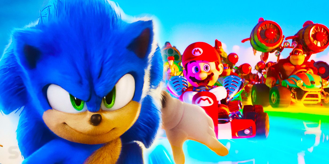 Imagem personalizada com personagens do filme Sonic The Hedgehog e Super Mario Bros no kart