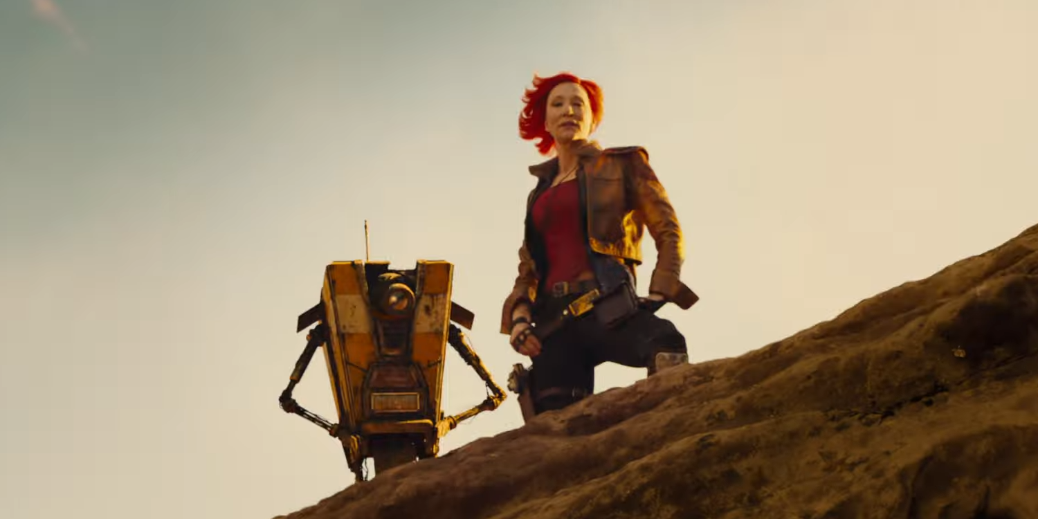 Lilith (Cate Blanchett) and Claptrap (Jack Black) standing on a cliff in the Borderlands movie