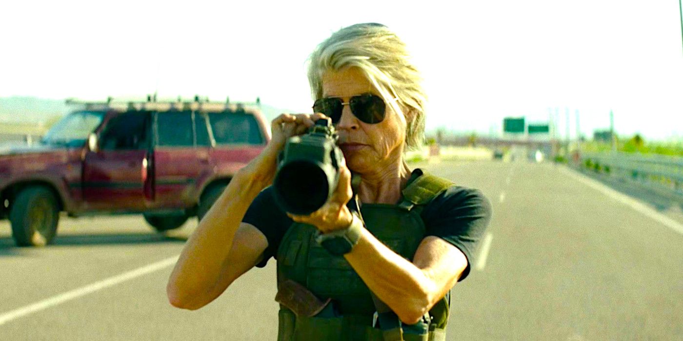 Linda Hamilton aims a rocket launcher during an action scene in Terminator Dark Fate