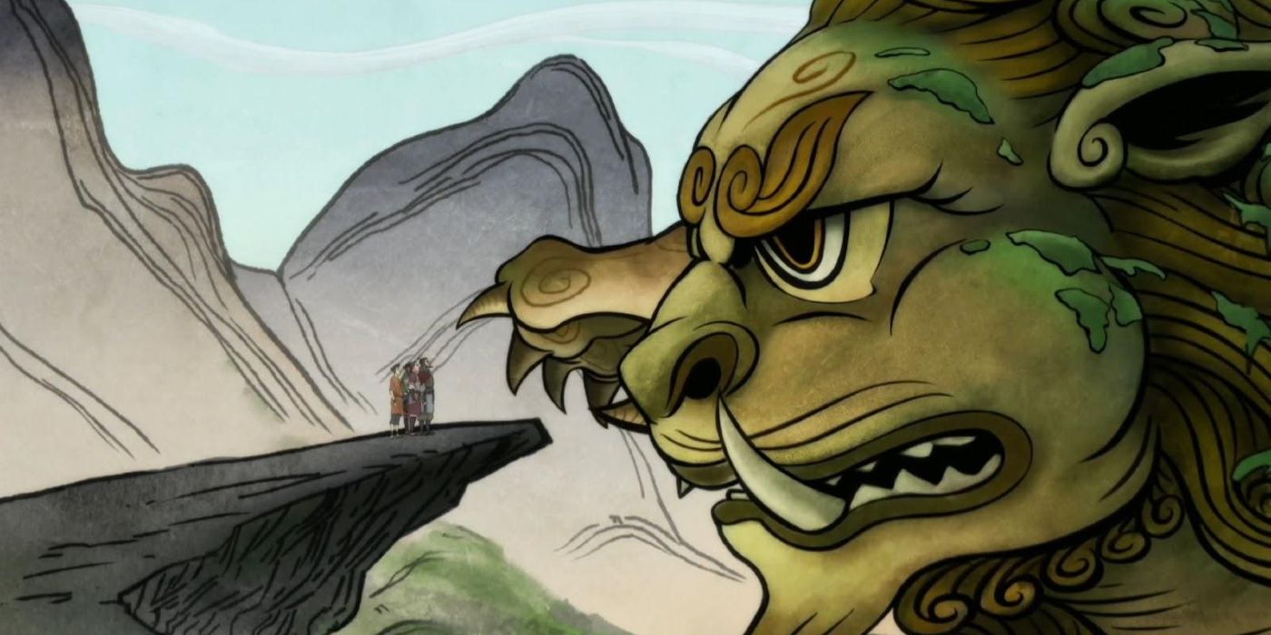 A Lion Turtle bestowing powers on a human in The Legend of Korra