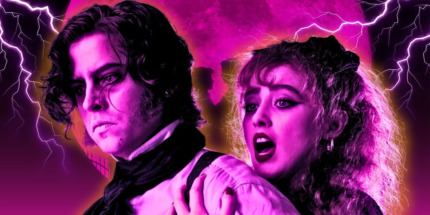 Cole Sprouse como a Criatura e Kathryn Newton como Lisa segurando-o em Lisa Frankenstein