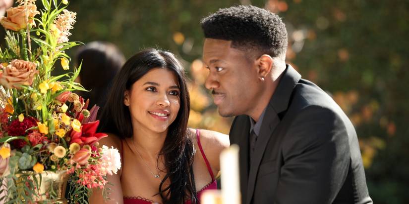 Lisseth Chavez as Celina Juarez and Tru Valentino as Aaron Thorsen talk at a wedding in The Rookie season 6, episode 2.