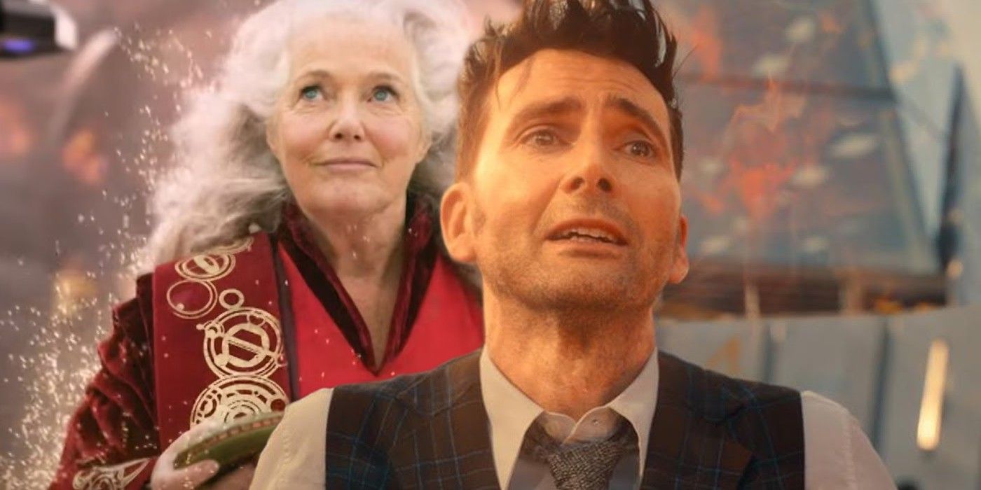 Louise Jameson as Leela and David Tennant as Fourteenth Doctor in Doctor Who