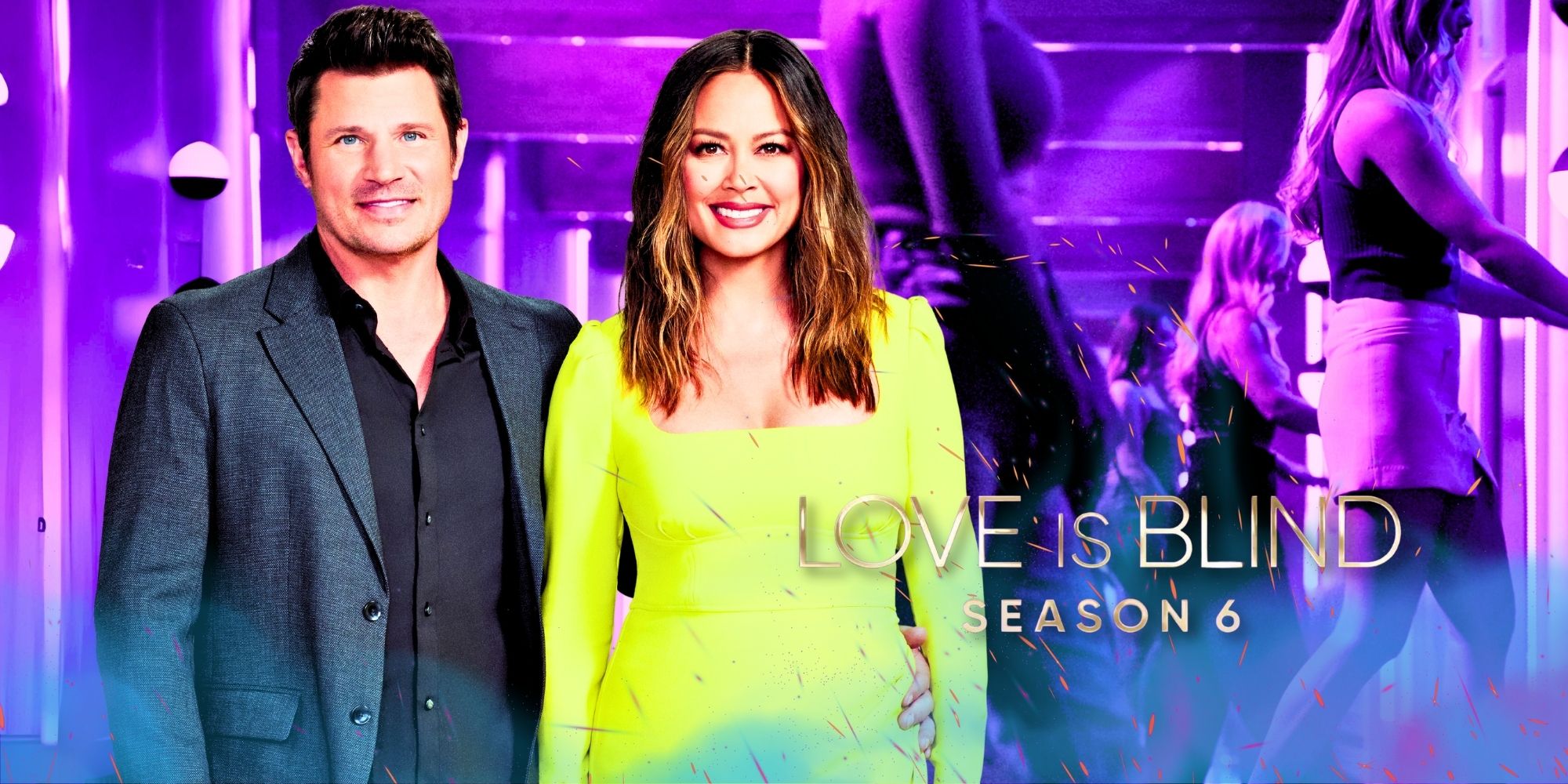 Love Is Blind Season 6 hosts Nick Lachey and Vanessa Lachey with contestants walking behind them