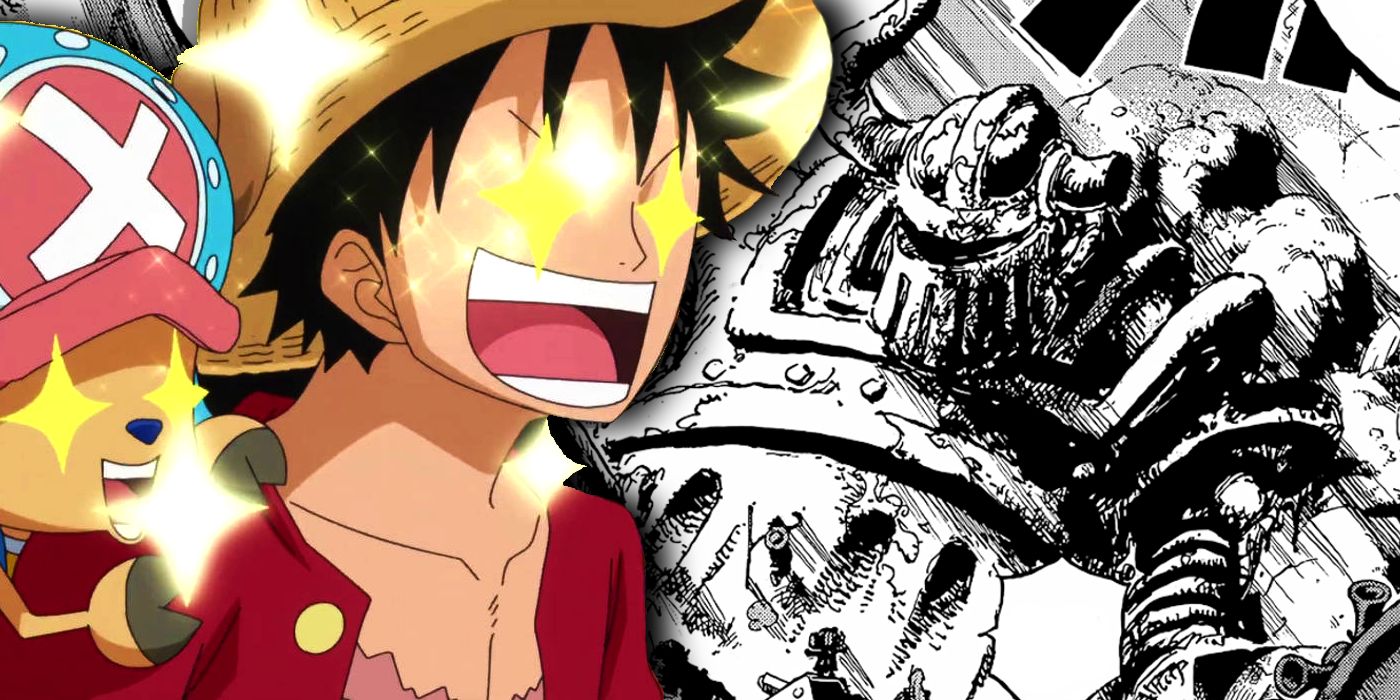 Luffy and chopper with stars in their eyes looking at the Iron Giant on Egghead from the manga in One Piece