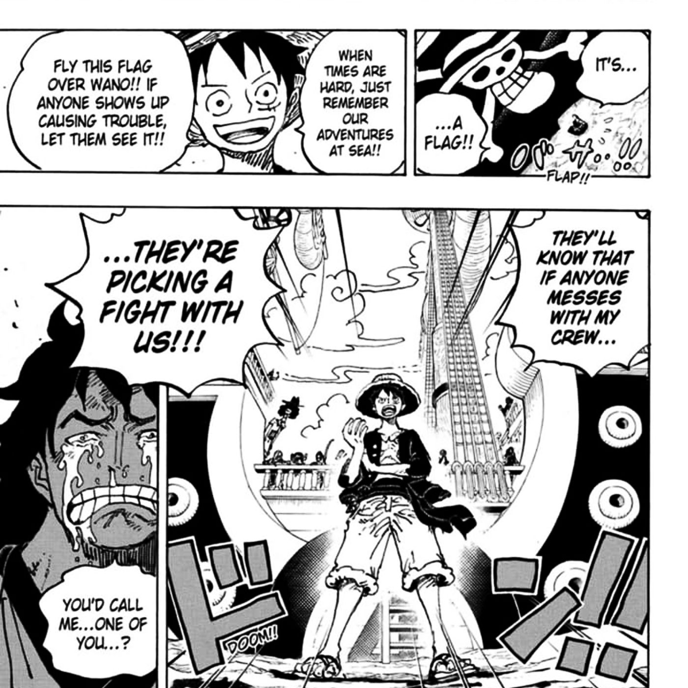 Luffy gives momonosuke the straw hat jolly roger and declares wano his territory in One Piece