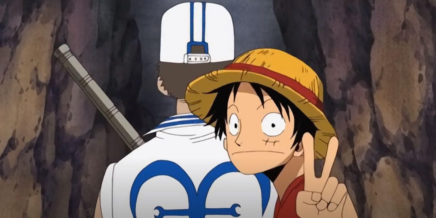 Luffy holds up peace sign