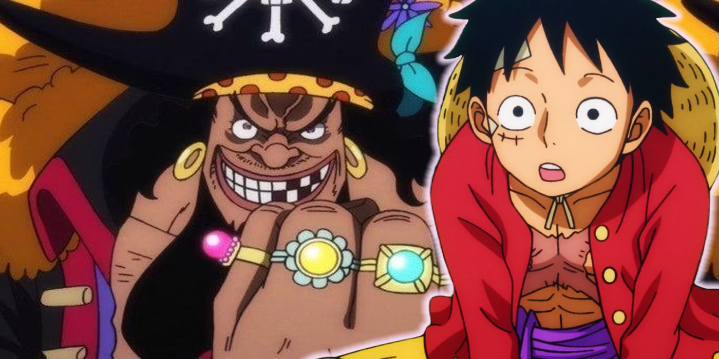 Luffy looking dumbfounded with Blackbeard smiling while clutching a fist adorned with multicolored rings in One Piece