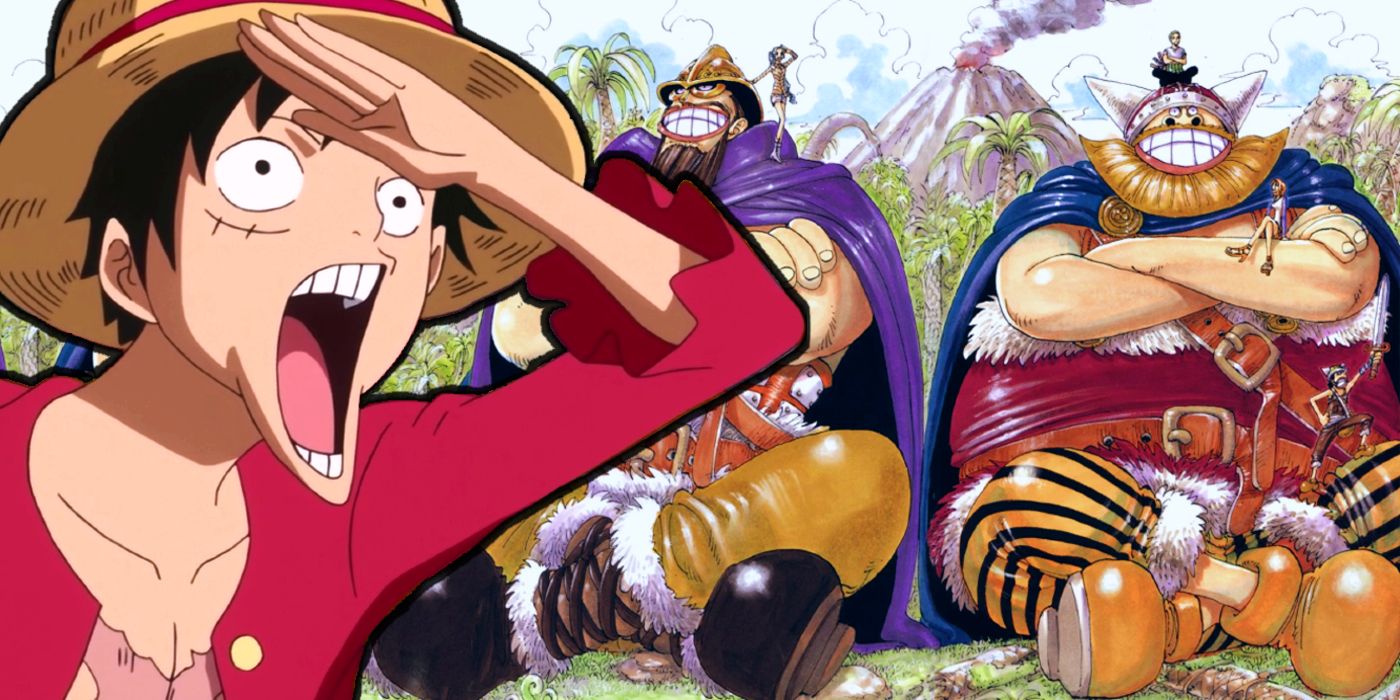 Luffy looking excitedly towards Dorry and Broggy as seen during Little Garden in One Piece