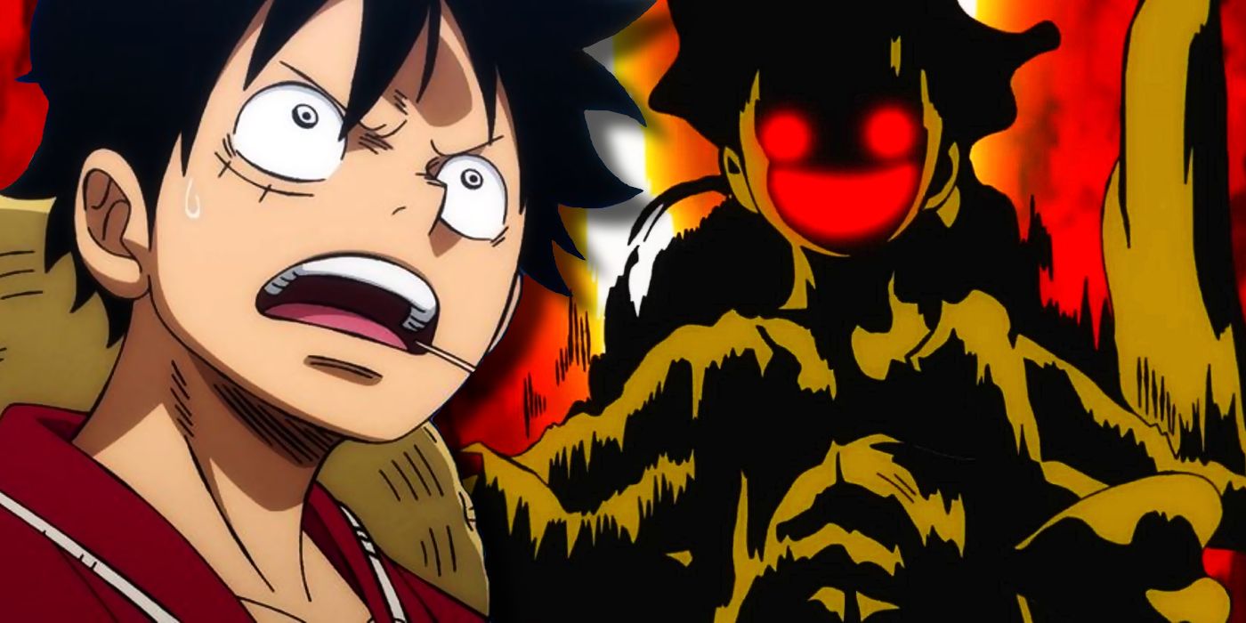 Luffy looking shocked facing a scary silhouette with glowing red eyes of Luffy in Gear Five in One Piece