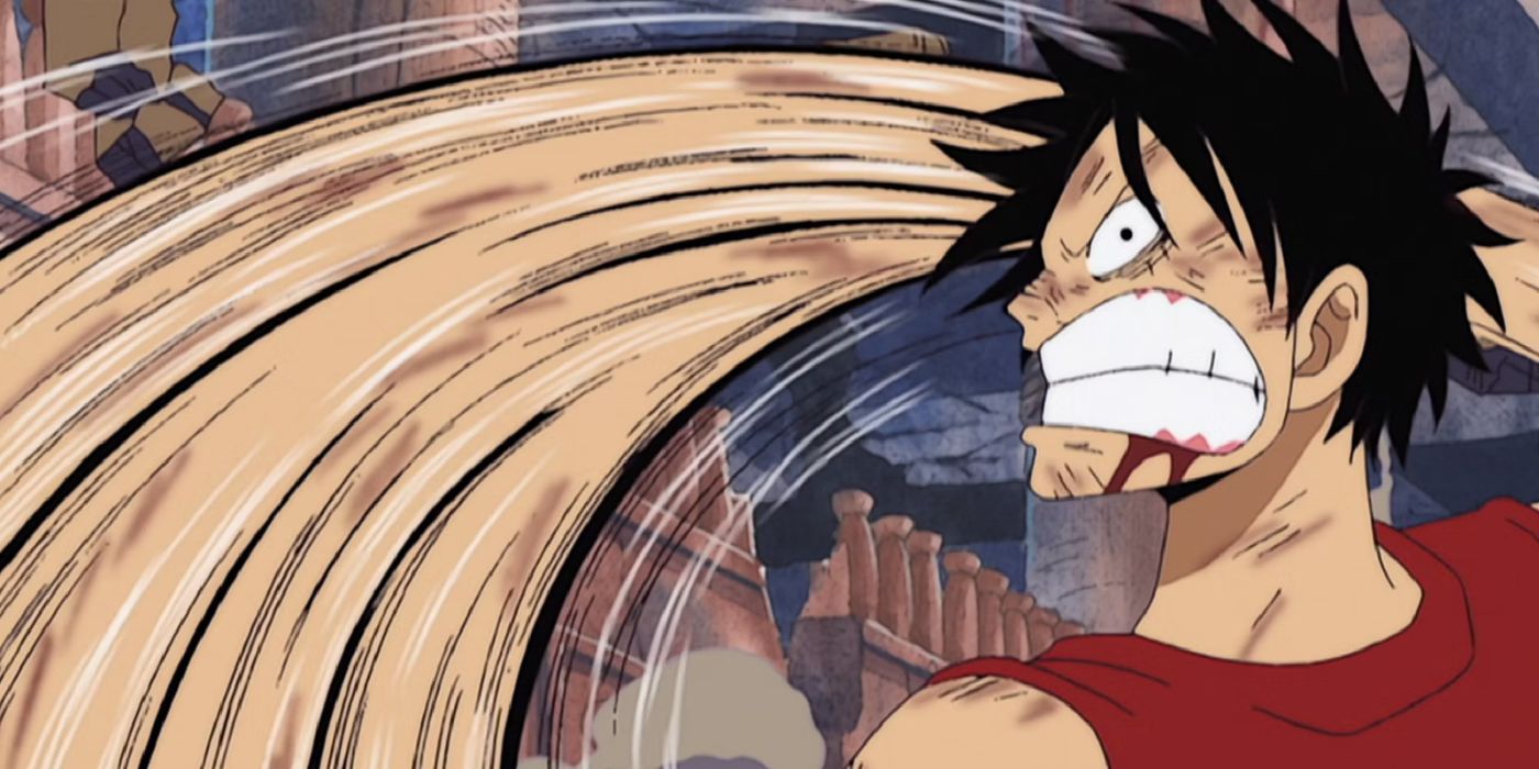 Luffy prepares to punch Crocodile in a scene from One Piece.