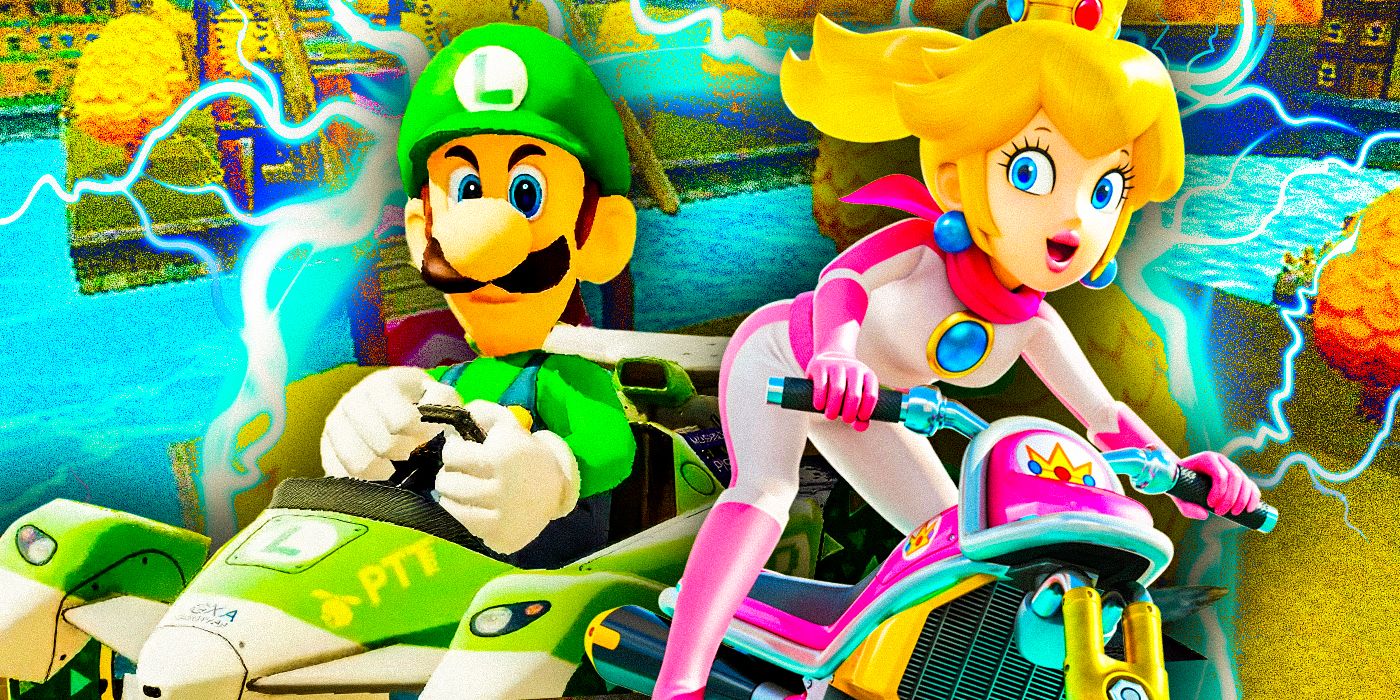 Luigi and Peach in their karts ready to race, with a Delfino Square background and blue lightning.
