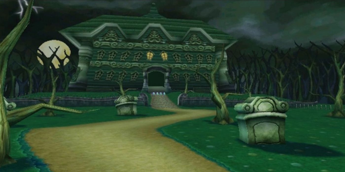 Mansão Luigis em Mario Kart DS mostrando uma grande mansão e um cemitério.