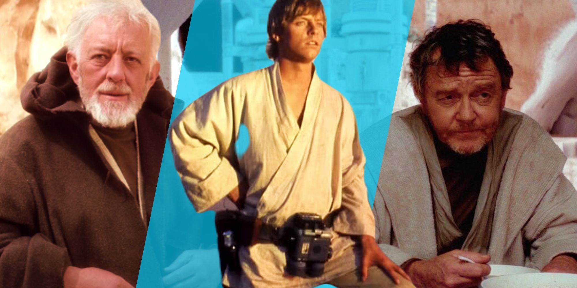 Luke Skywalker from A New Hope atop a blue background between Owen Lars and Obi-Wan Kenobi from the film