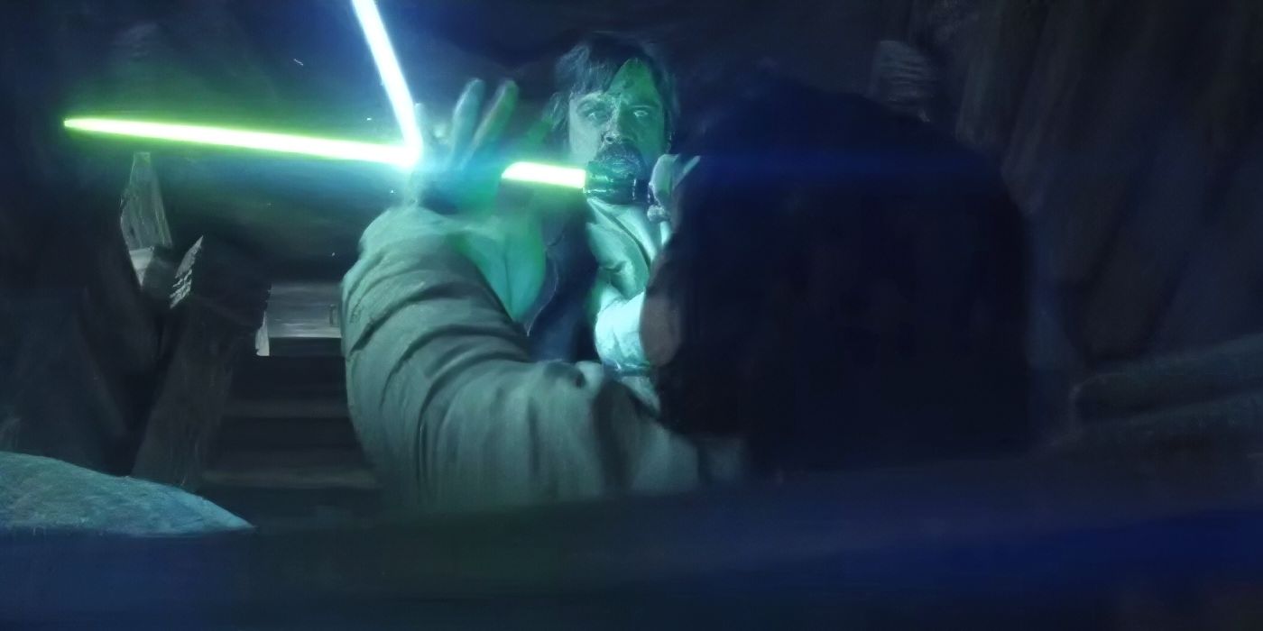 Luke Skywalker attacking Ben Solo with his lightsaber.
