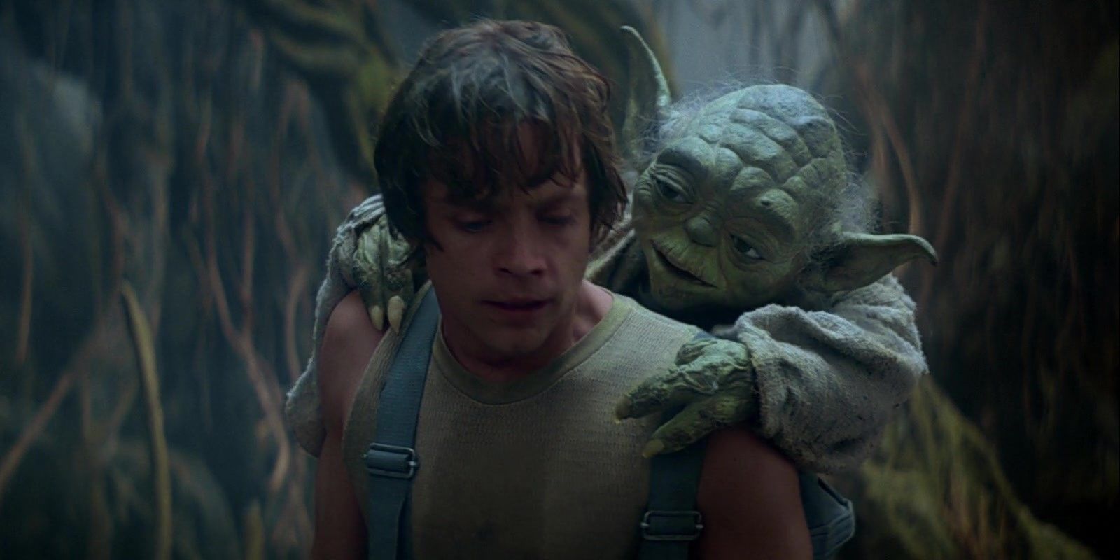 Yoda rides on Luke Skywalker's (Mark Hamill) back as he runs through the swamps of Dagobah as part of his Jedi training in Star Wars: Episode V - The Empire Strikes Back