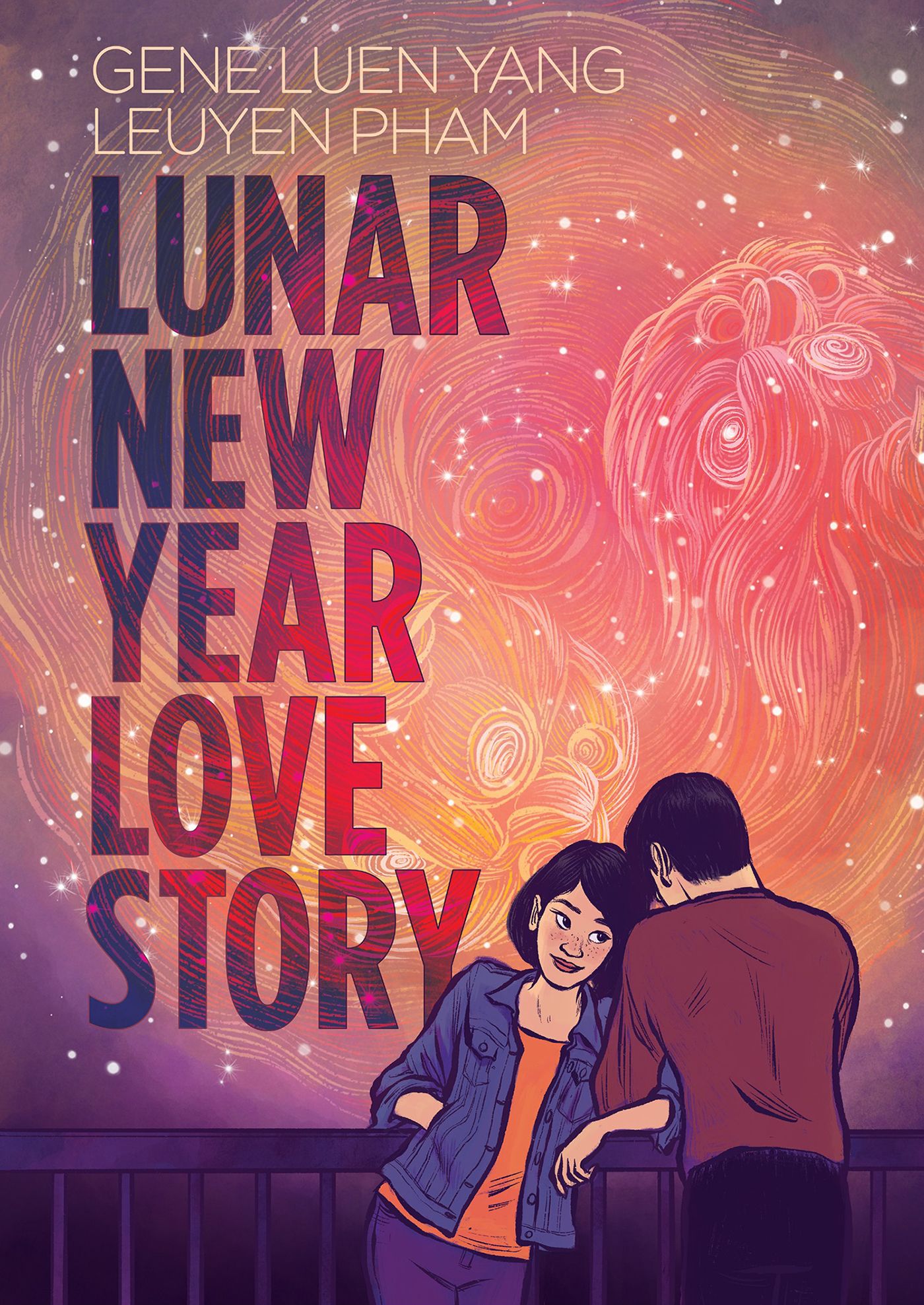 Capa da história de amor do Ano Novo Lunar: duas pessoas de braços dados em frente a um céu vermelho, laranja e roxo.