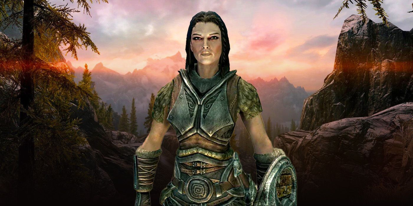 Lydia from Skyrim on a Skyrim background.