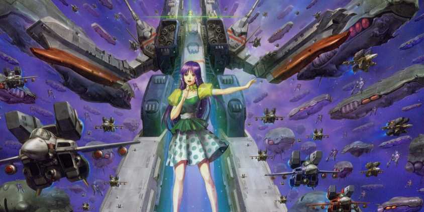 Macross Minmay Lynn singing in front of a tall mech