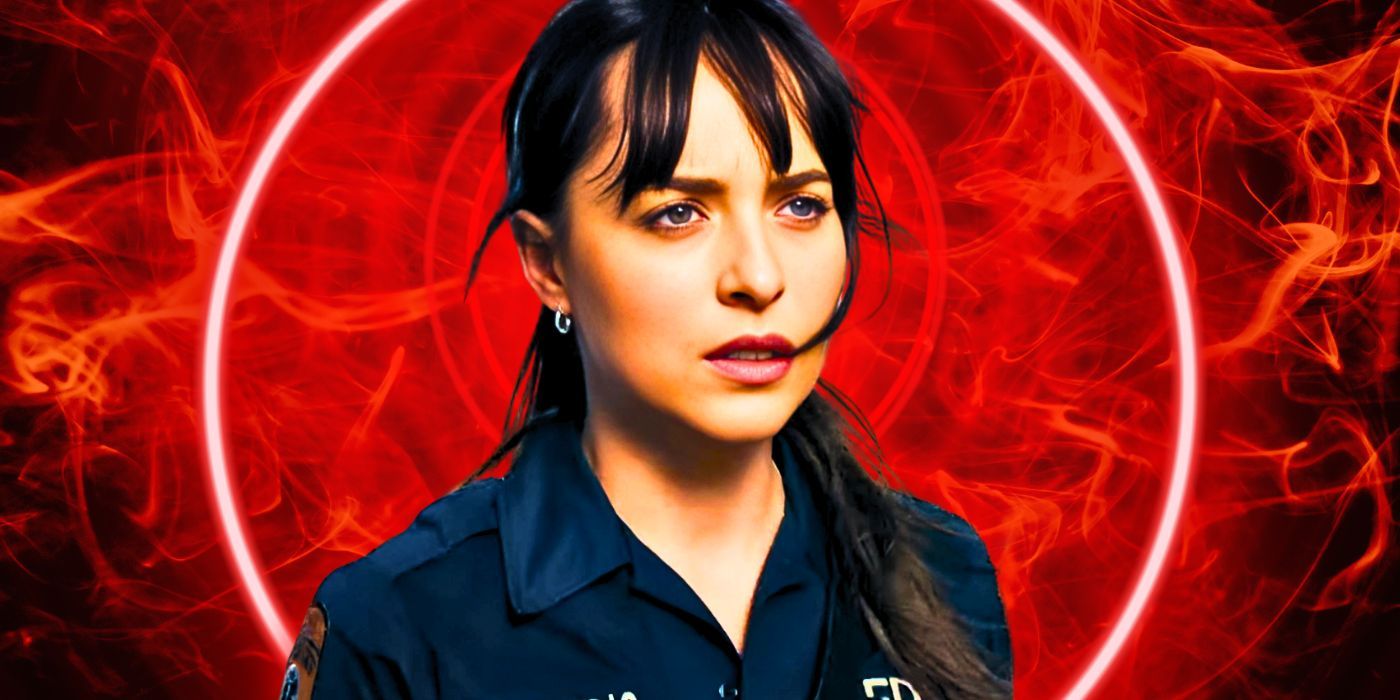 Custom image of Dakota Johnson’s Cassie Webb in ER uniform looking off-screen in Madame Web with red background
