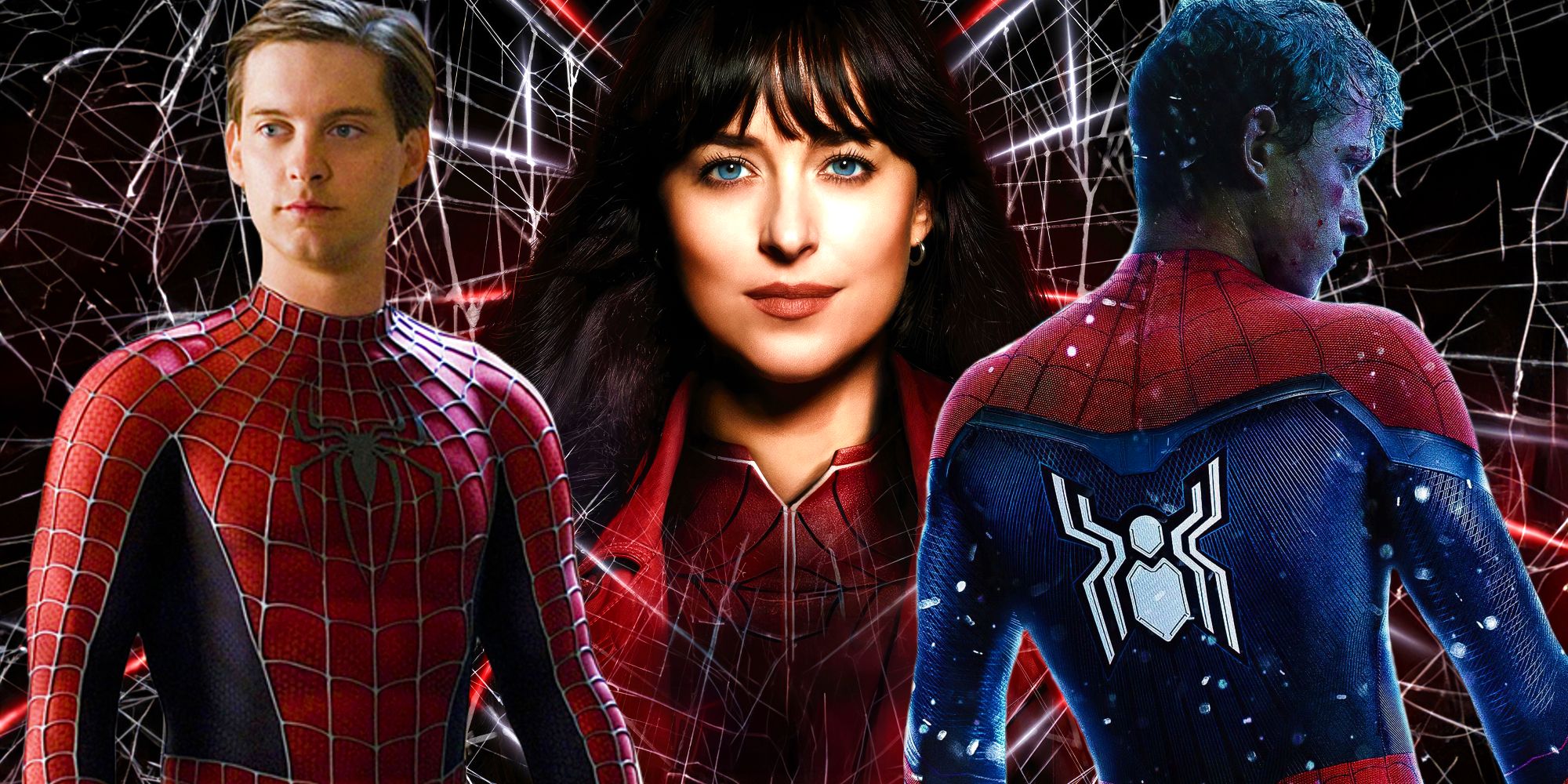 Dakota Johnson as Madame Web in the film's poster between Tobey Maguire and Tom Holland as Spider-Man 