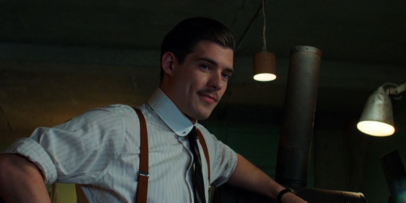 David Corenswet as The Projectionist in Pearl (2022) wearing a shirt and tie with suspenders