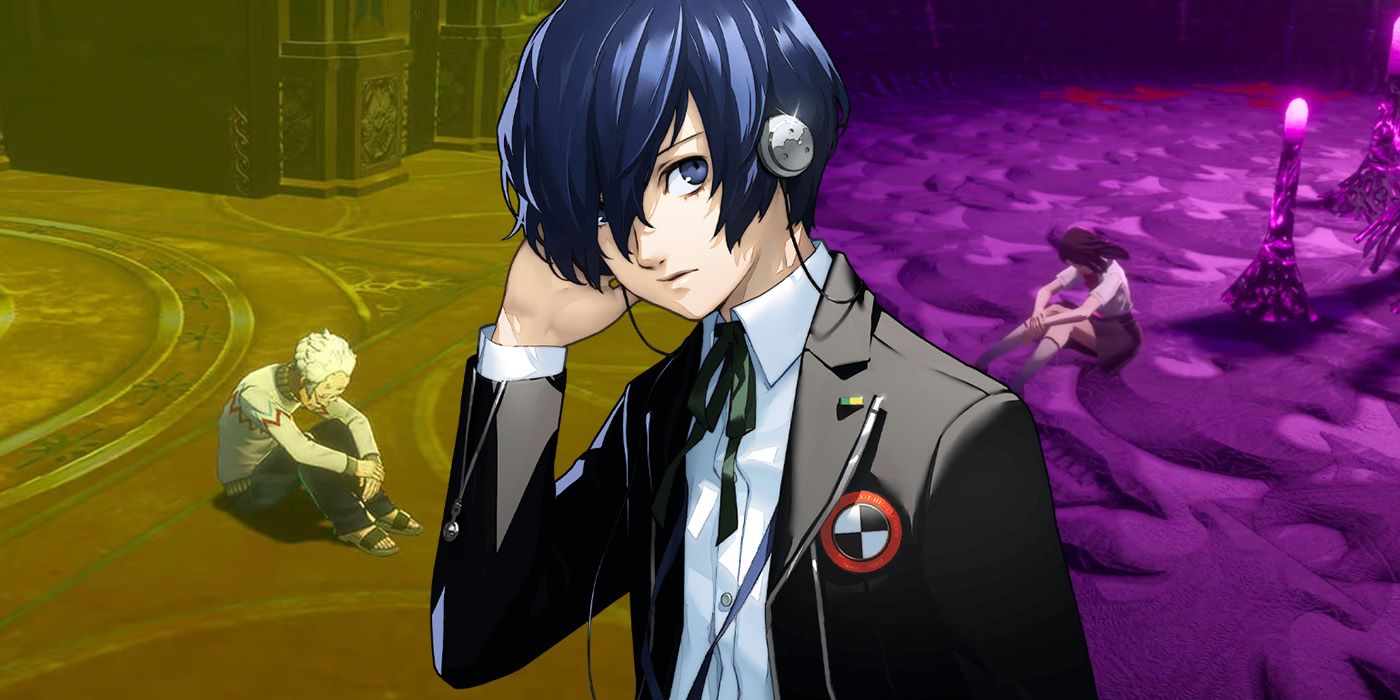 Makoto poses in front of a split background. Each side depicts a missing person sitting with elbows on their knees in Tartarus.