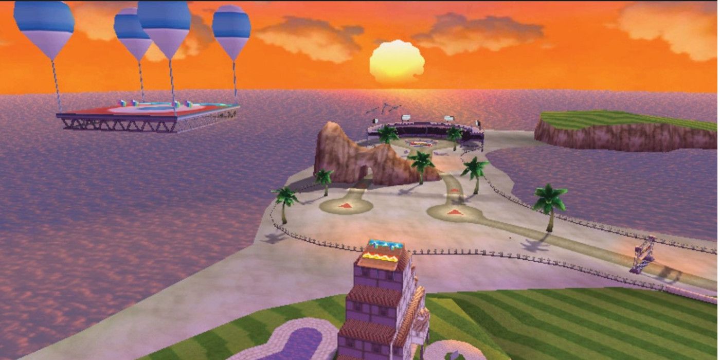 Pista Maka Wuhu Mario Kart com um grande mar, uma pequena ilha, um pôr do sol laranja e uma plataforma de salto.