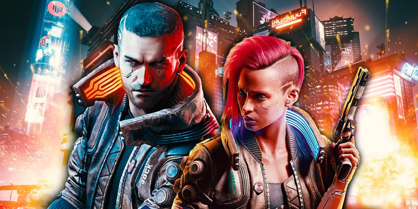 The male and female default V from Cyberpunk 2077 in front of Night City's skyline.