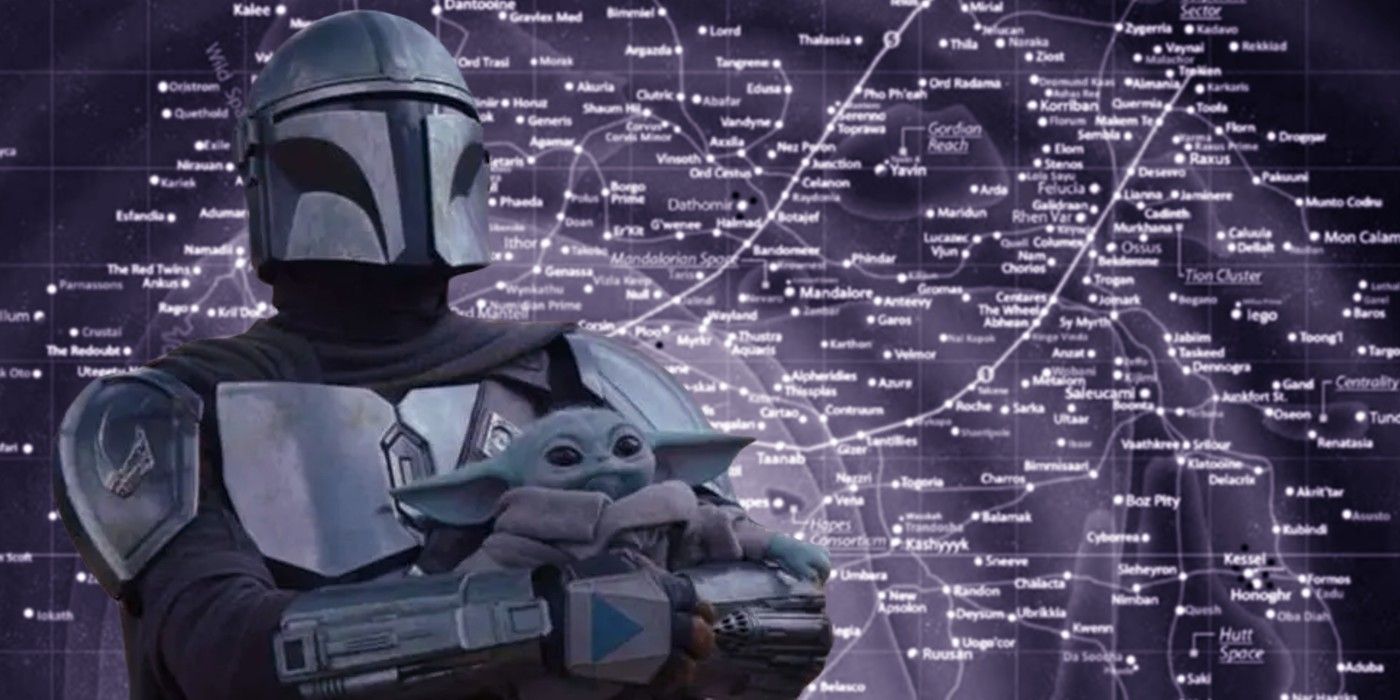 Din Djarin and Grogu in The Mandalorian season 2 superimposed over a map of the Star Wars galaxy