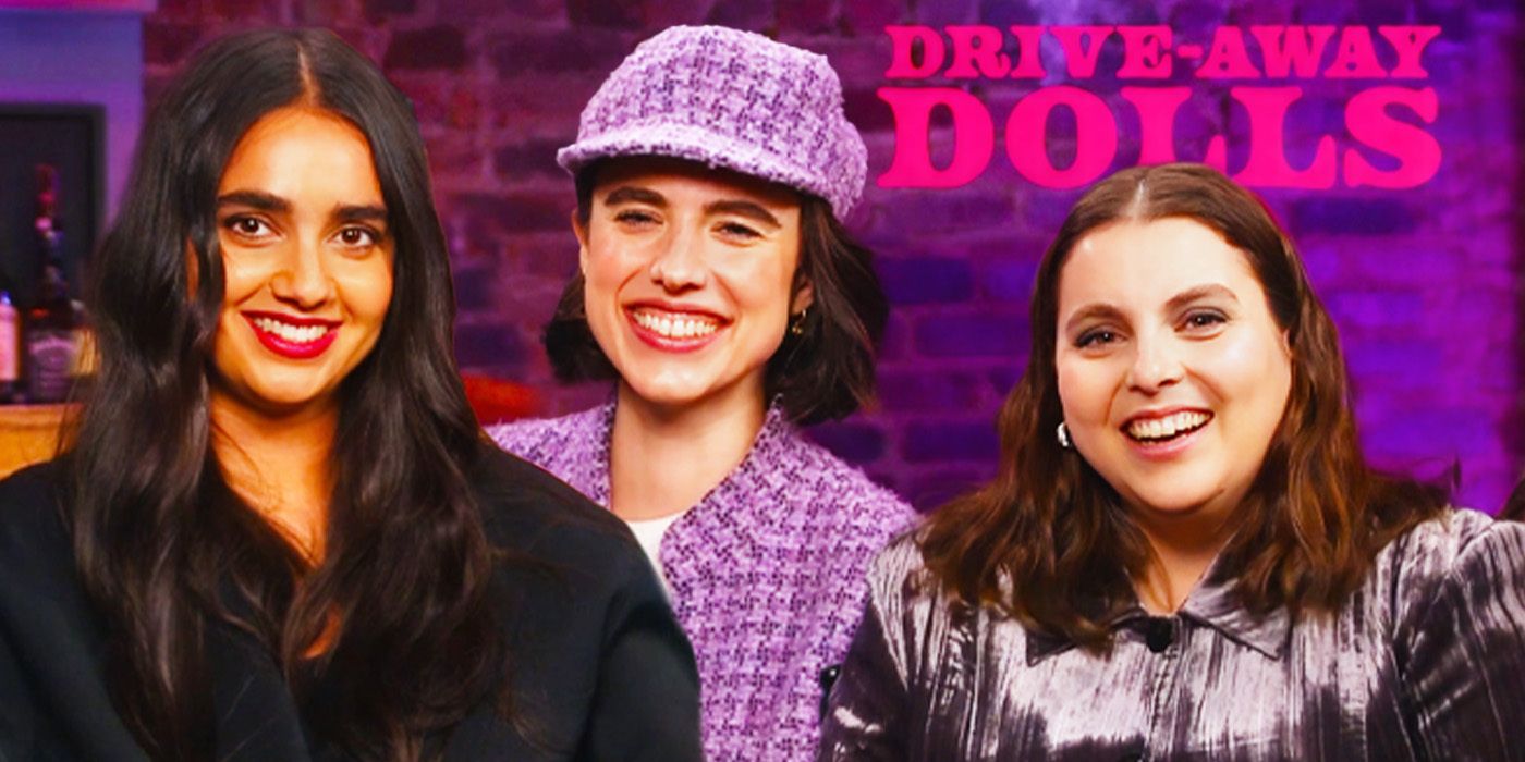 Edited image of Margaret Qualley, Geraldine Viswanathan, and Beanie Feldstein during Drive Away Dolls interview