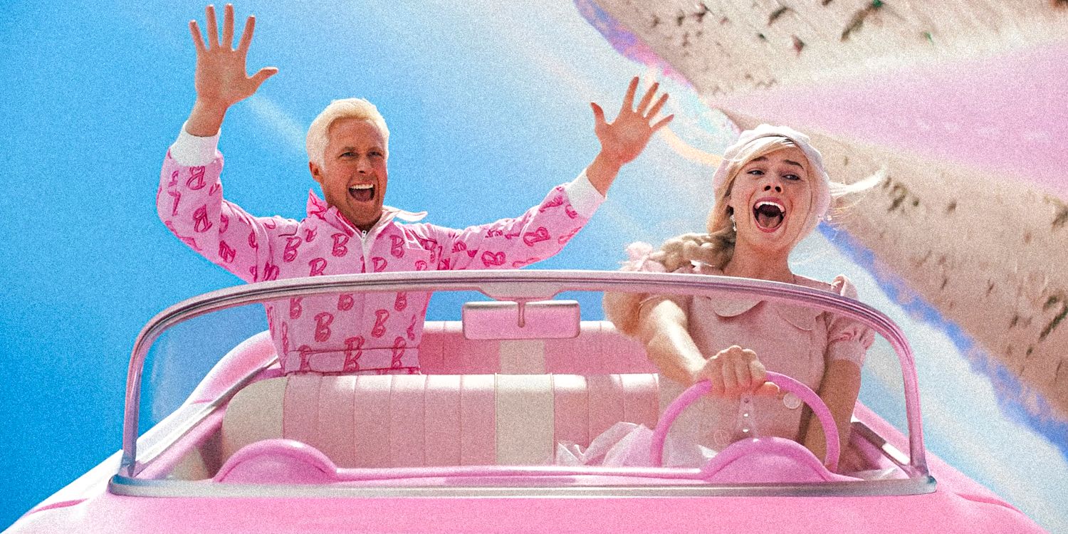 Margot Robie as Barbie and Ryan Gosling as Ken in Barbie flipping in a car